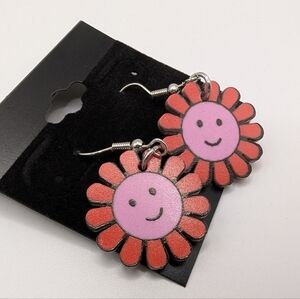 Handmade Smile Flower Hippie Pink Red Dangle Earrings 1.75" NEW